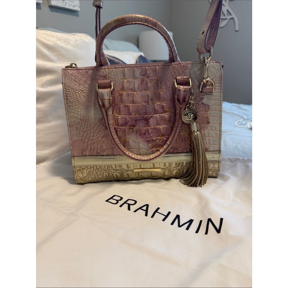 Brahmin Pink and Gold Croc-Embossed Satchel with Tassel